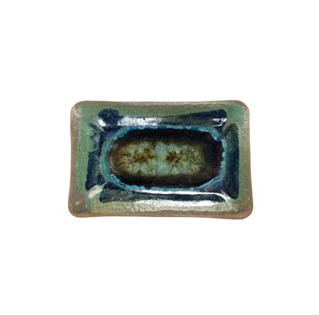 Small Straight Edge Rectangle Tray in Black and Copper with Geode Crackle Glass: store Kerry Brooks Pottery, Dock 6 Pottery, Fused Glass #S869