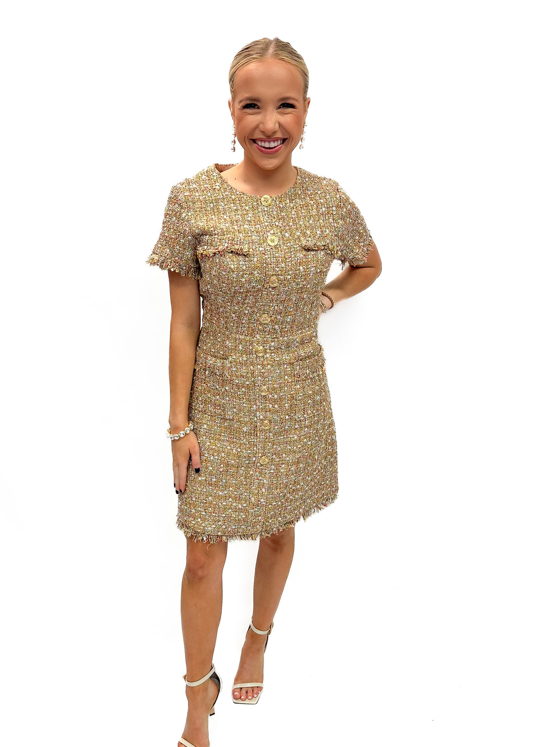 Mac Duggal Bouclé Short Sleeve Mini Dress with Pockets - Latte Multi