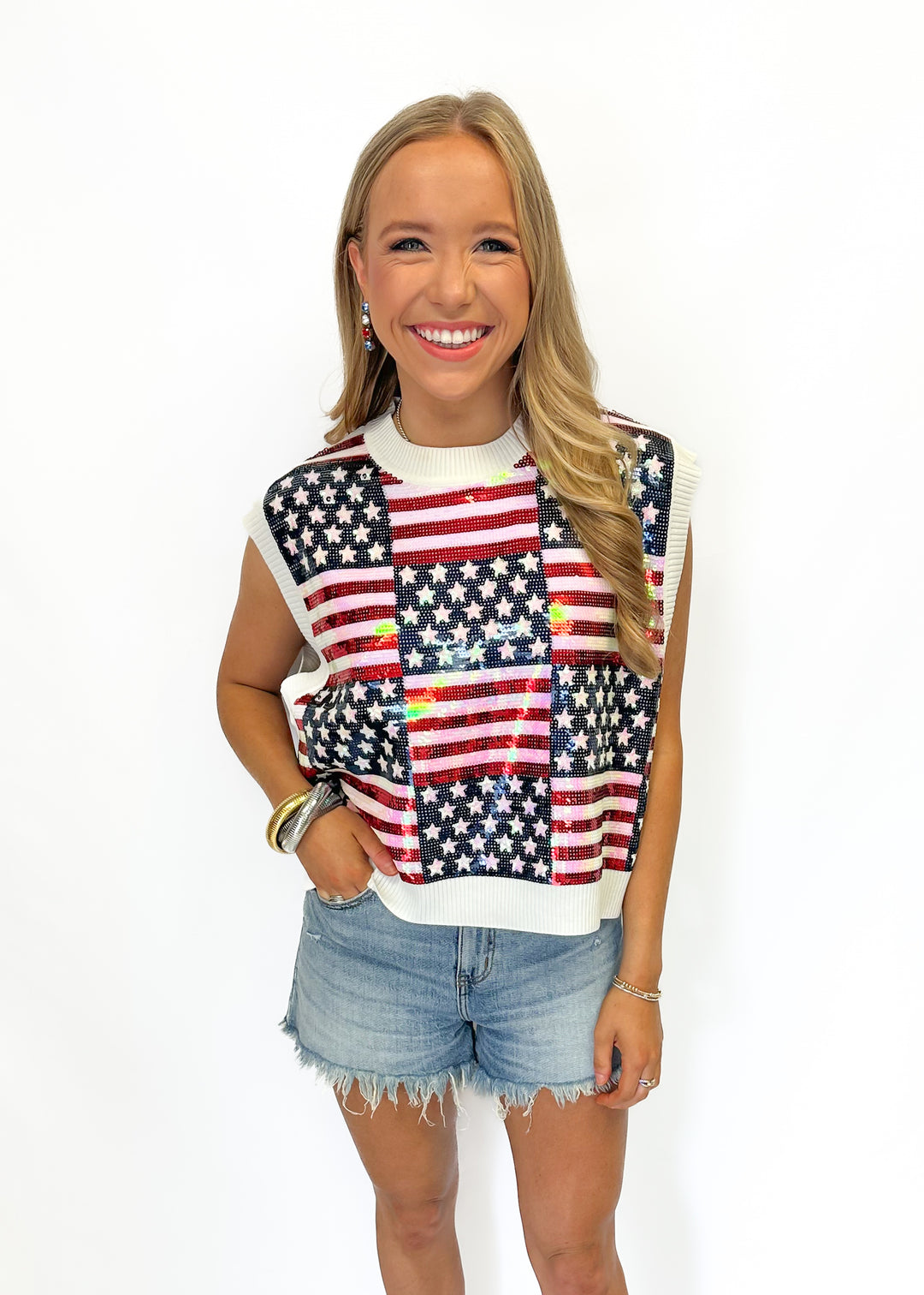 Queen of Sparkles Full Sequin Stars & Stripes Sweater Vest - Gabrielle's Biloxi