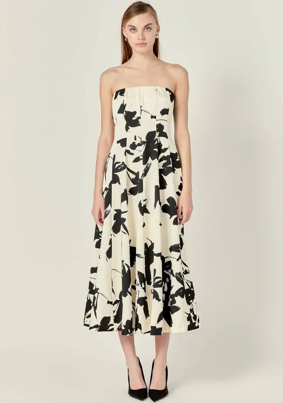 Strapless Flounced Midi Dress - Ivory/Black