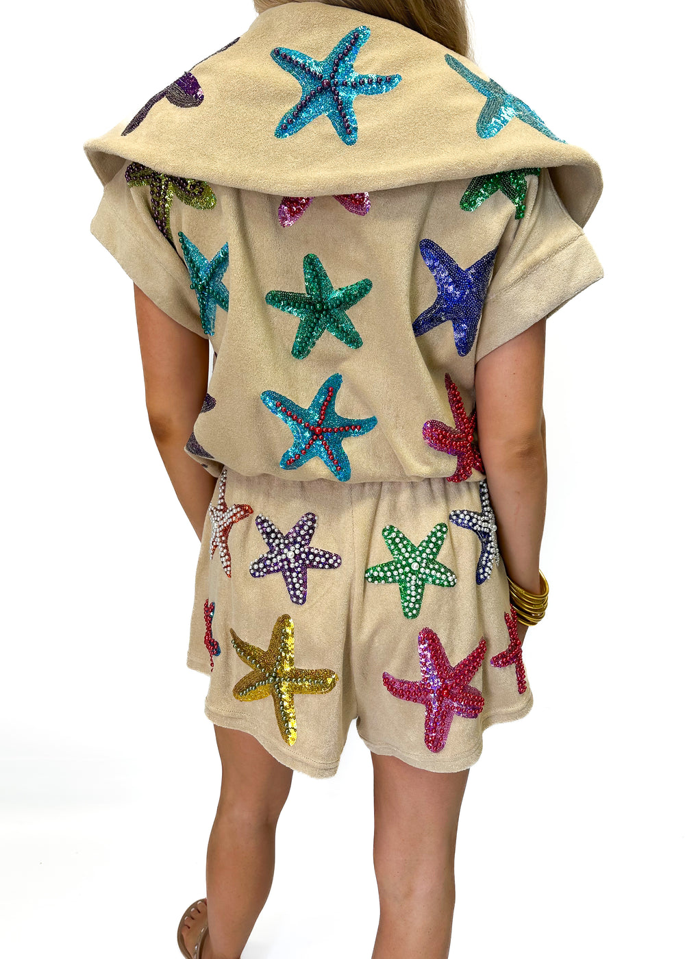 Queen of Sparkles Beige Terry Cloth Beaded Starfish ZIP Collar Top - Gabrielle's Biloxi