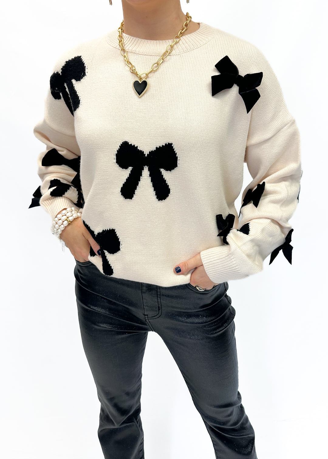 Velvet Bow Knit Sweater - Cream