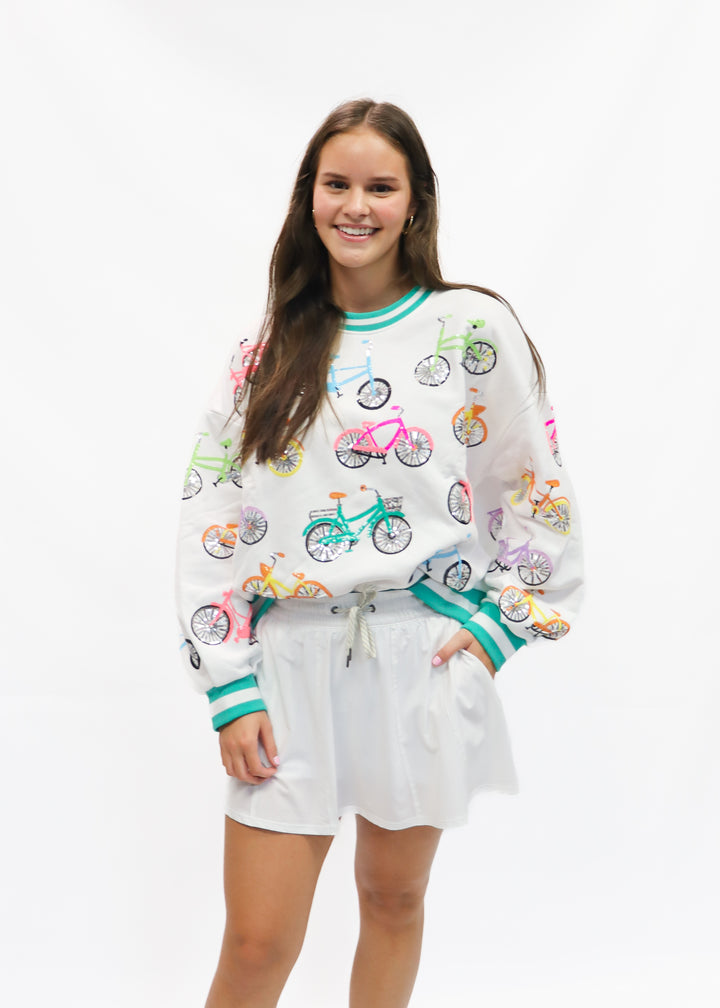 Queen of Sparkles White Bike Sweatshirt with Aqua Sport Stripe