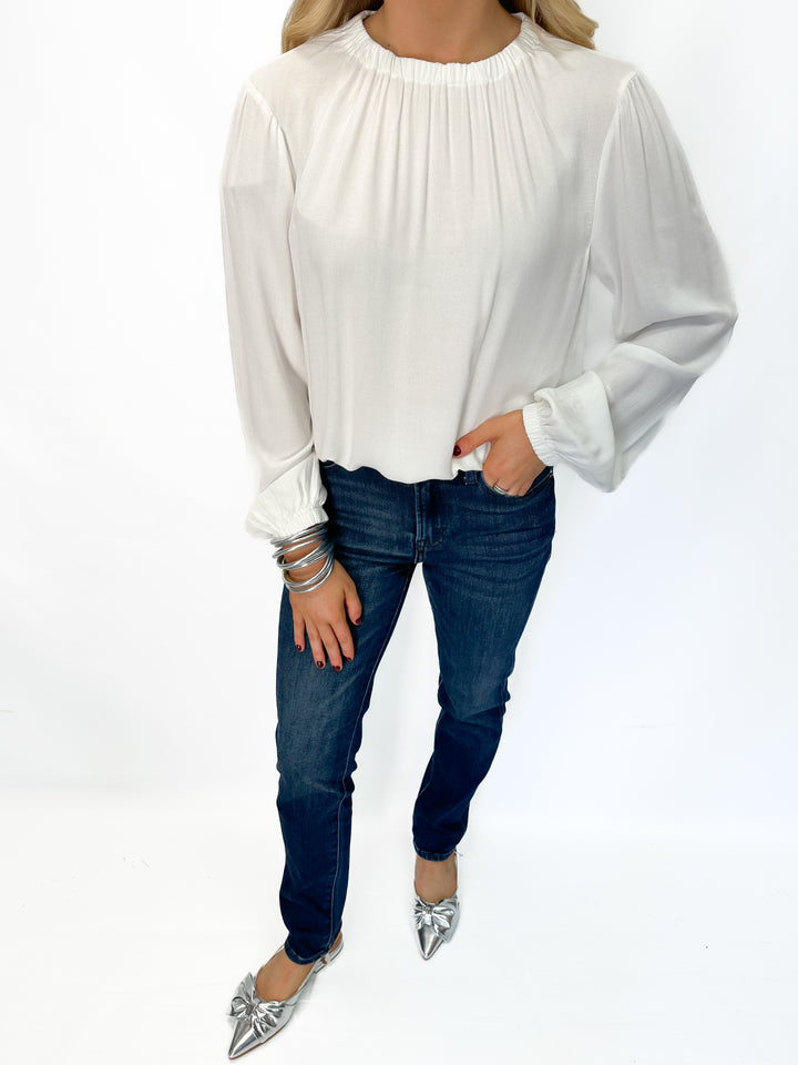 Bobi Shirred Neck L/S Top - Ivory