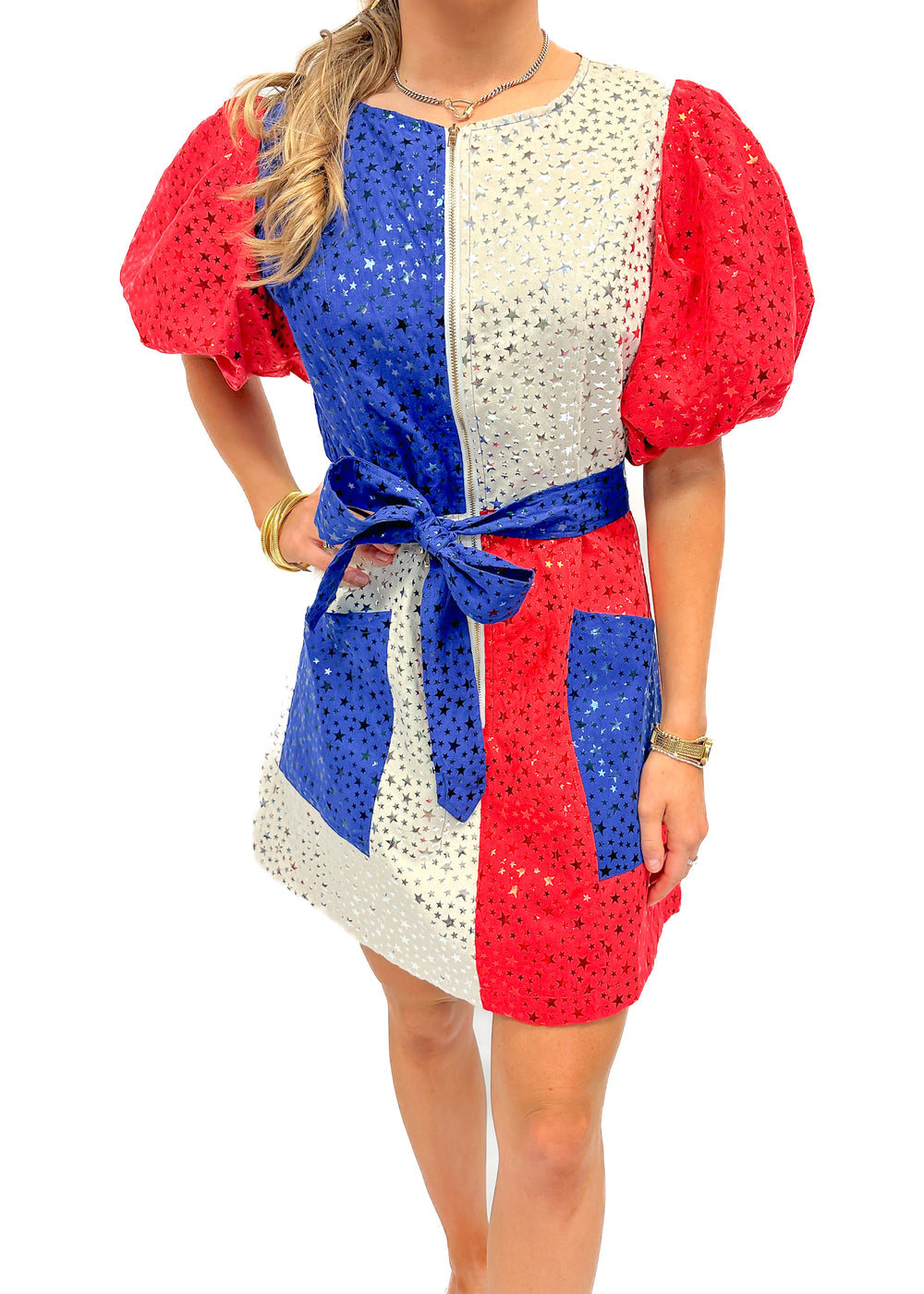 Queen of Sparkles Red, White, & Blue Colorblock Star Dress - Gabrielle's Biloxi