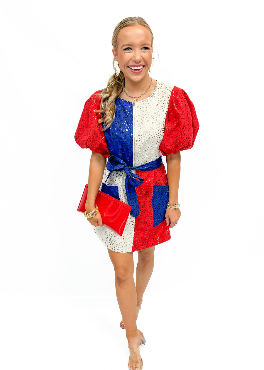 Queen of Sparkles Red, White, & Blue Colorblock Star Dress - Gabrielle's Biloxi