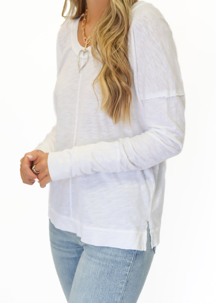 Bobi Wide V-neck Drop Long Sleeve Tee - White