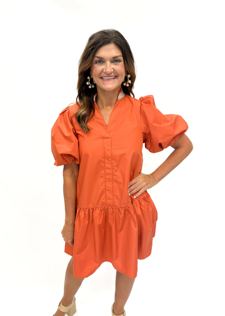 Puff Sleeve V-Neck Dress - Texas Orange