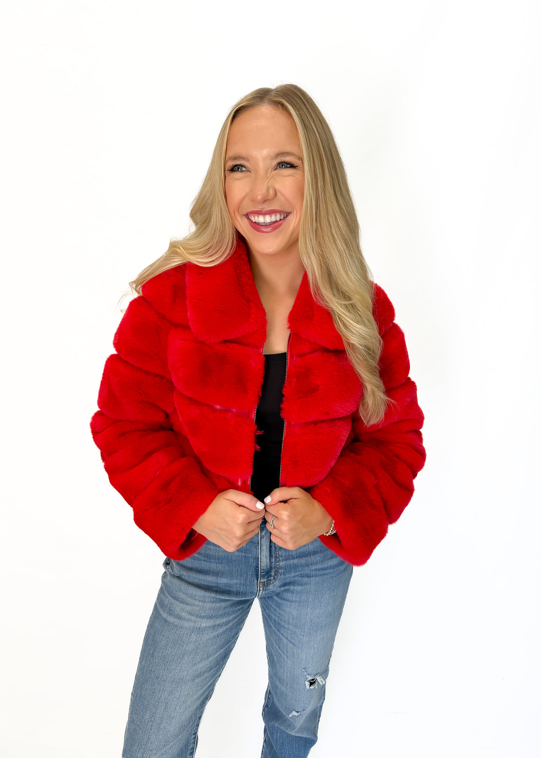 Dolce Cabo Faux Fur Cropped Jacket - Red