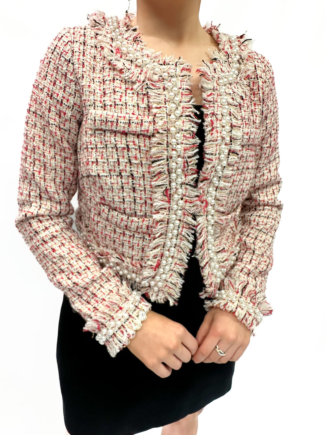 Mac Duggal Pearl Trim Long Sleeve Cropped Jacket - Cherry