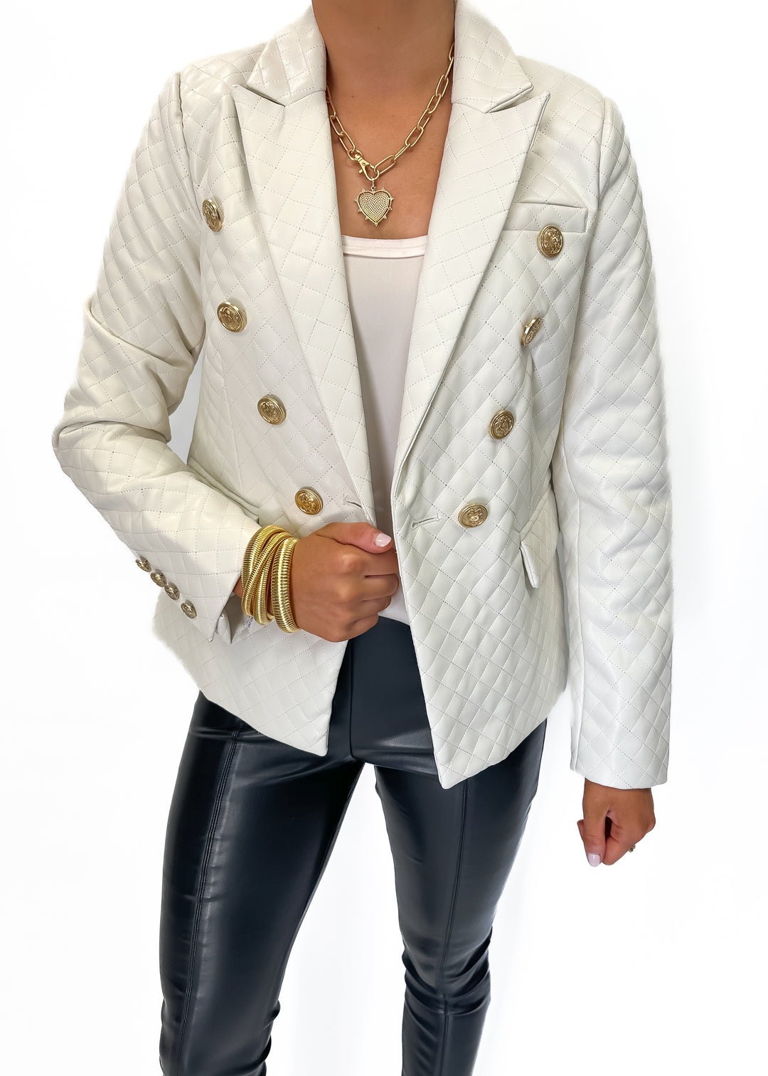 Faux Leather Quilted Blazer - Ivory