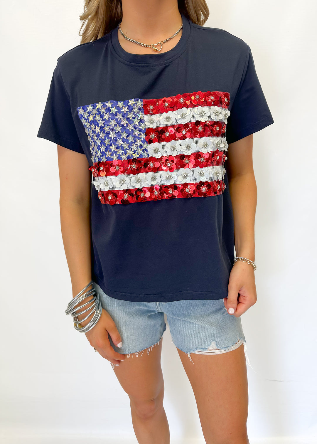 Queen of Sparkles Navy Flower American Flag Tee - Gabrielle's Biloxi