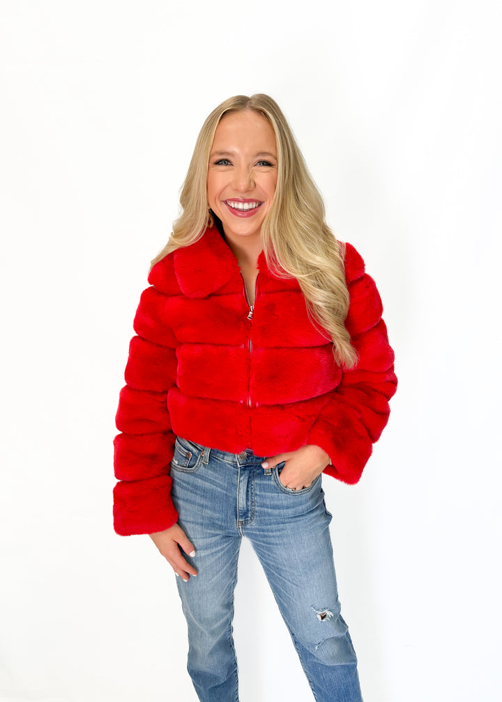 Dolce Cabo Faux Fur Cropped Jacket - Red