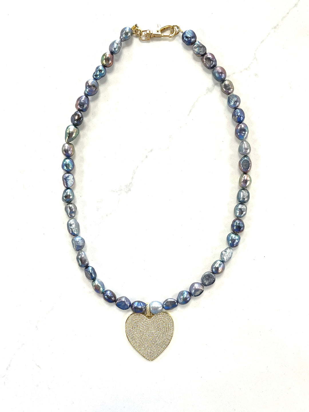 The Madison Luxe Freshwater Pearl Necklace w/ Pave Heart - Blue Multi