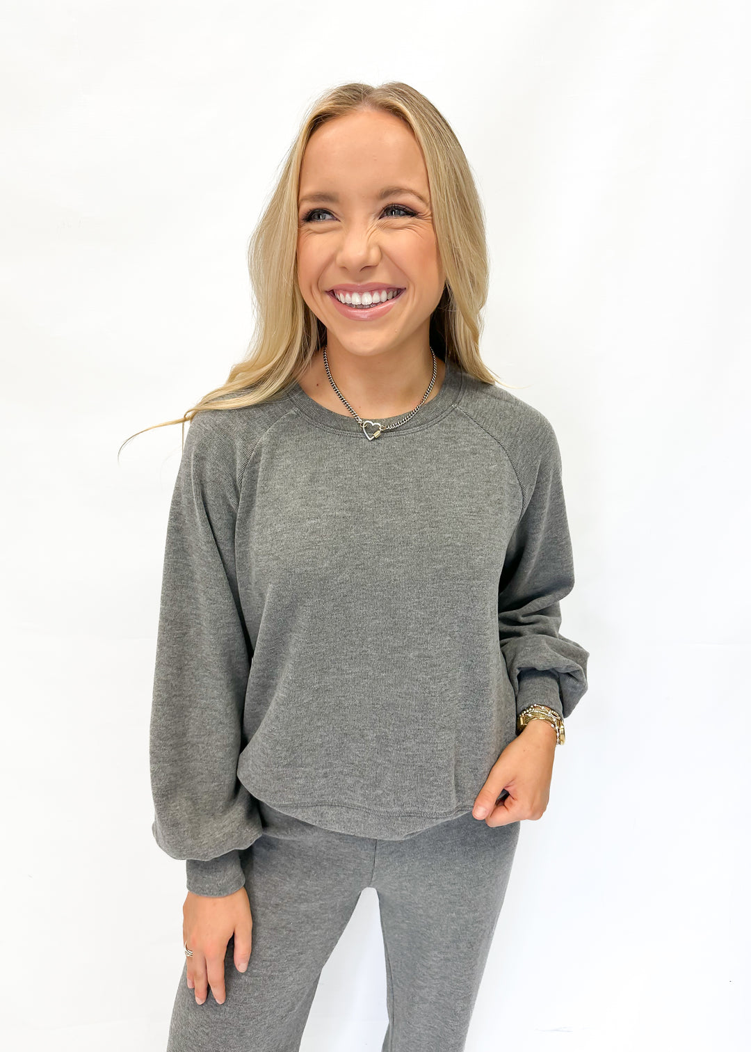 Bobi Pleat Sleeve Crewneck Sweatshirt - Charcoal