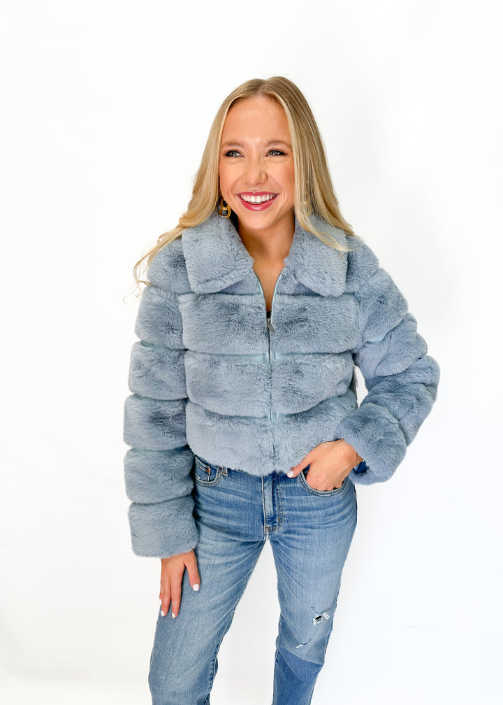 Dolce Cabo Faux Fur Cropped Jacket - Light Blue