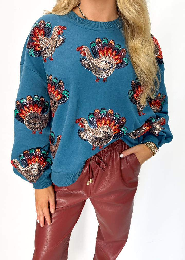 Queen of Sparkles Dark Teal Beaded Turkeys All Over Sweatshirt - Dark Teal