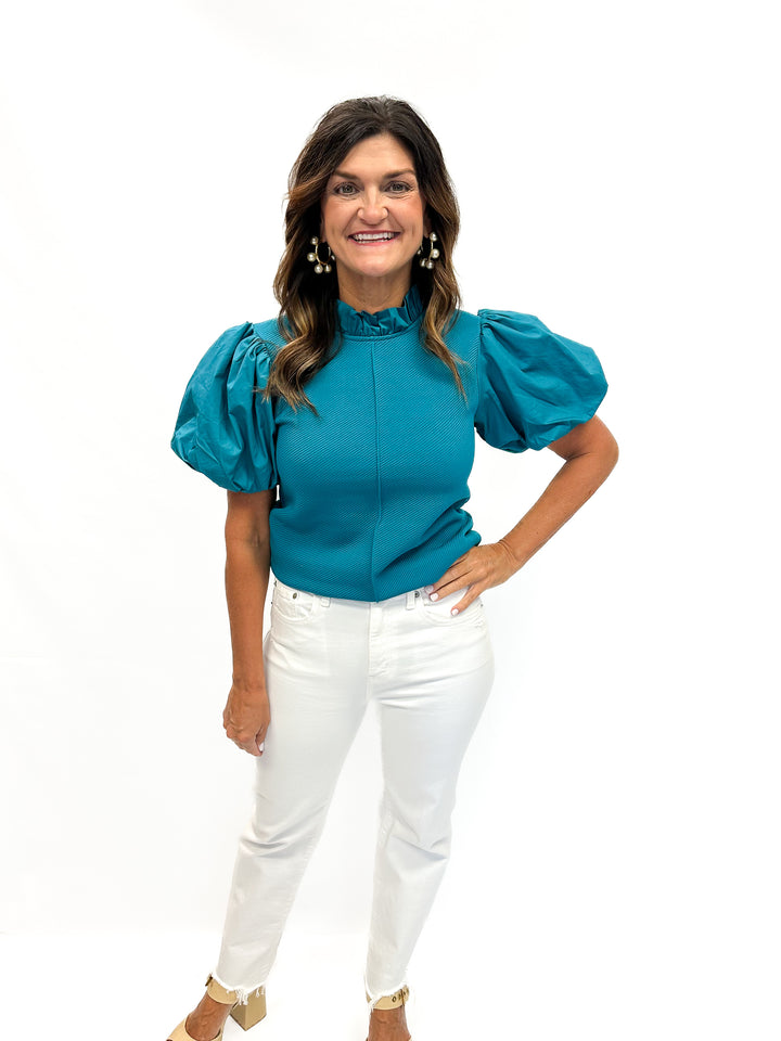 Mixed Media Puff Sleeve Top - Teal