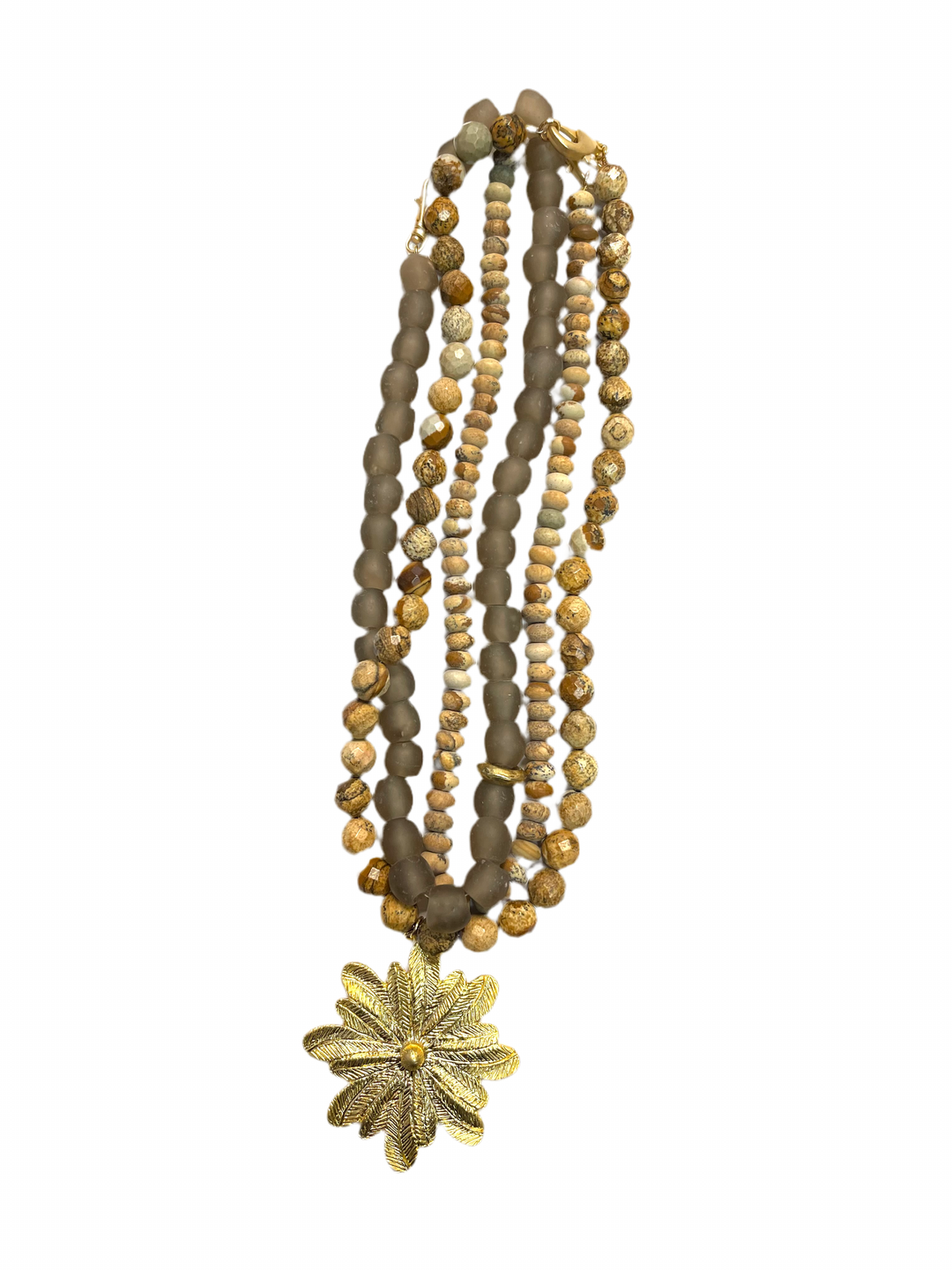 Flower Pendant Gemstone Beaded Necklace Set - Sand