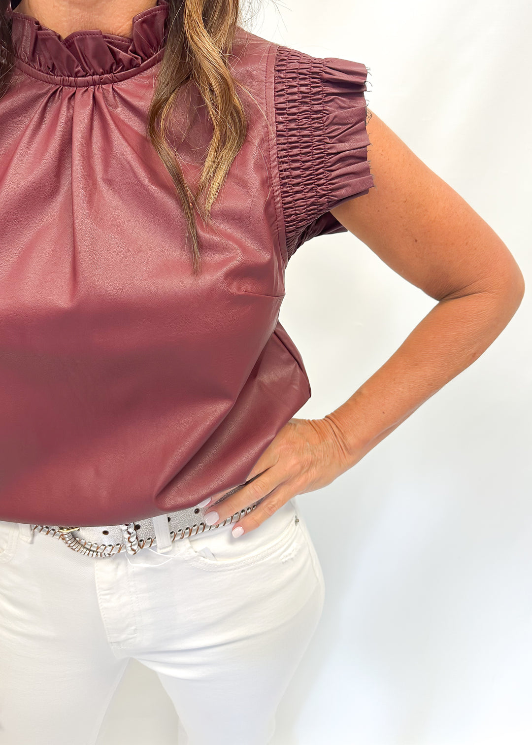 Flutter Sleeve Leather Top - Wine