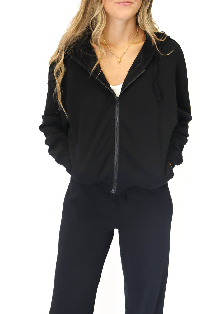 Bobi Slouch Zip Front Hoodie - Black