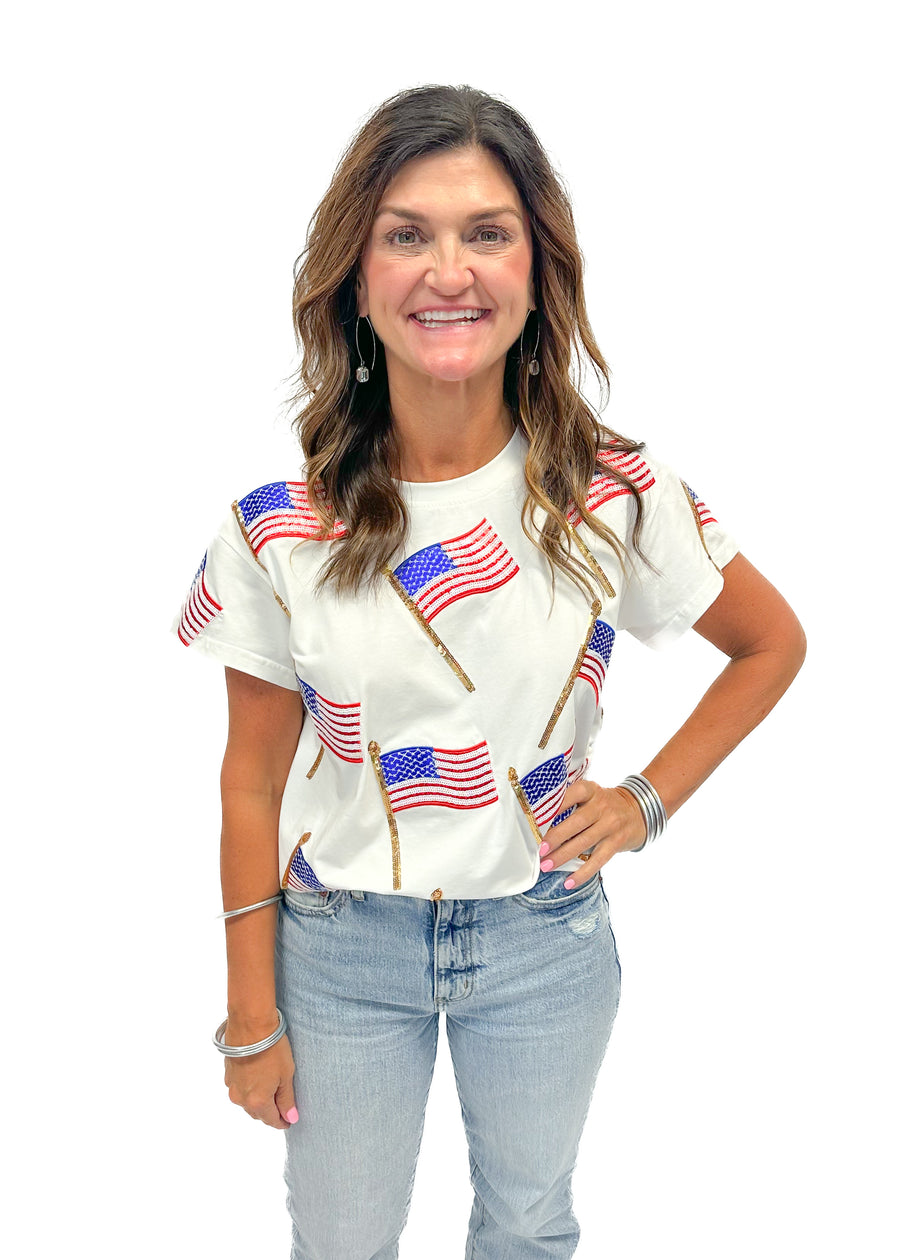 Queen of Sparkles White Scattered Metallic American Flag Tee - Gabrielle's Biloxi