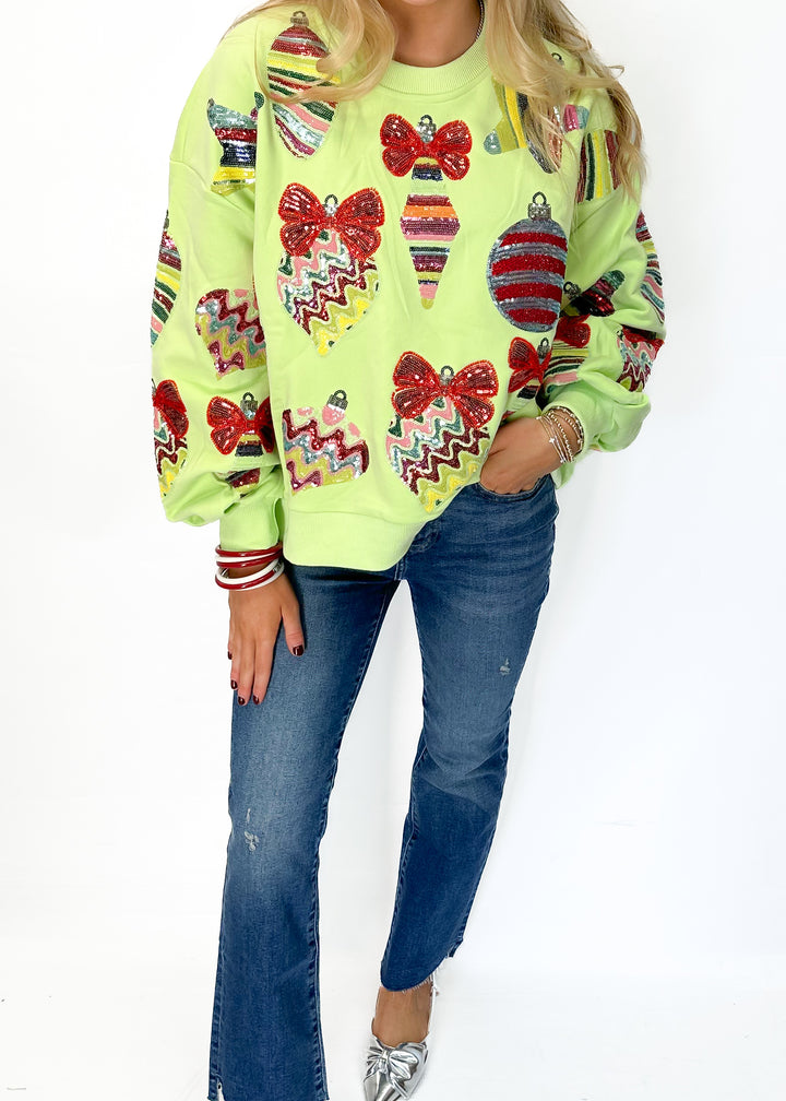 Queen of Sparkles Pale Green Patterned Ornament & Bows Sweatshirt - Pale Green