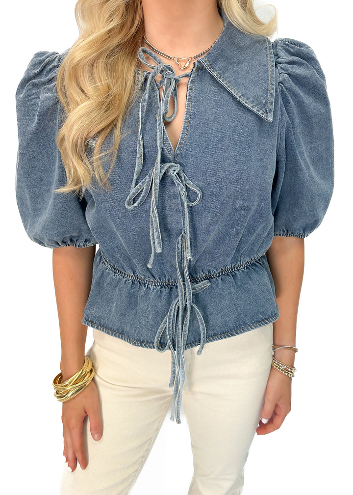 LBLOX Denim Collared Bow Blouse