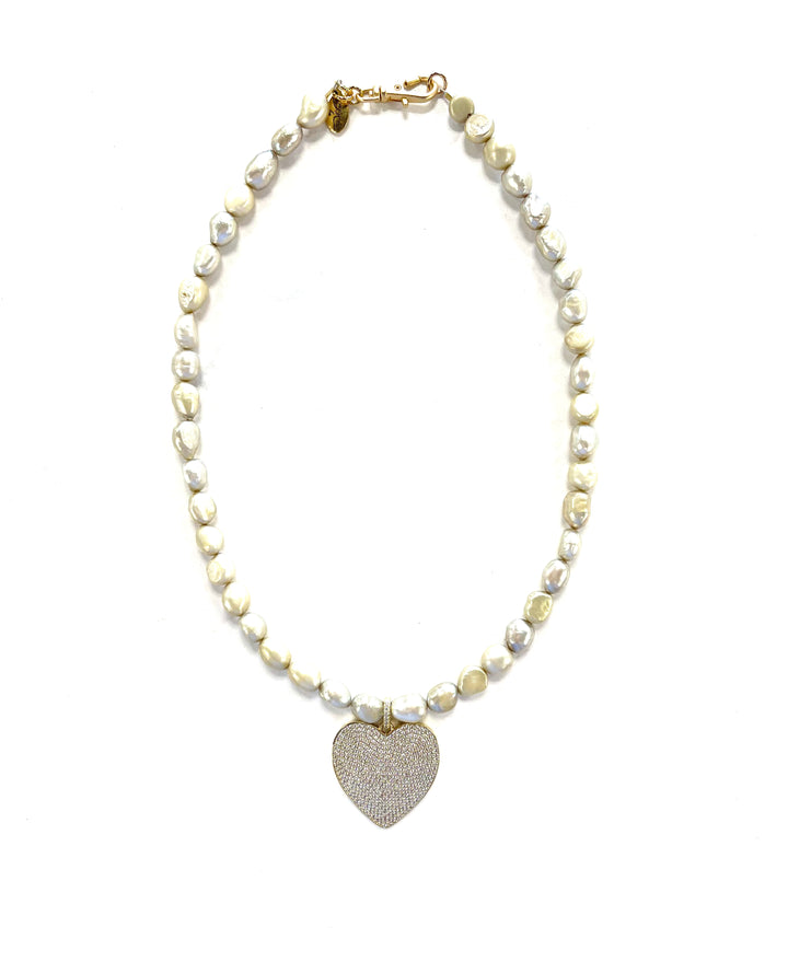 The Madison Luxe Freshwater Pearl Necklace w/ Pave Heart - Champagne