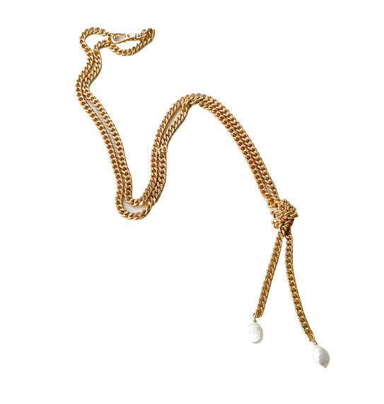 Knotted Curb Necklace with Mini Pearls - 37"