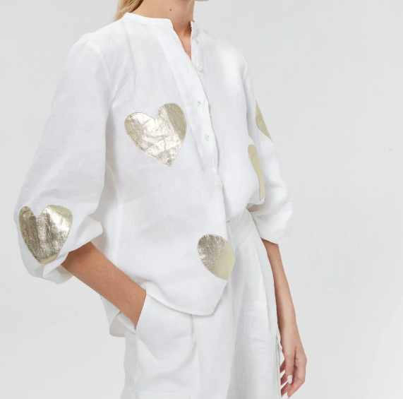 Lanhtropy Cupid Linen Shirt - Off-White w/ Gold Hearts