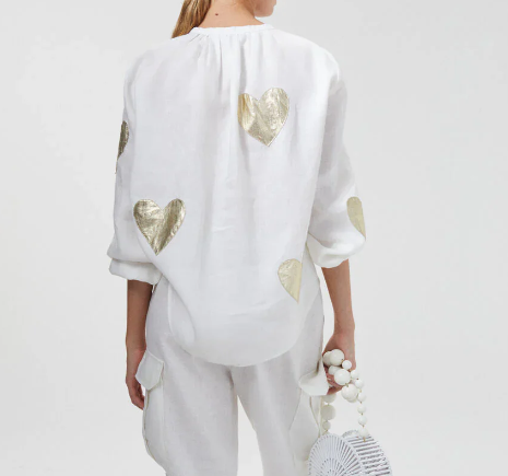 Lanhtropy Cupid Linen Shirt - Off-White w/ Gold Hearts