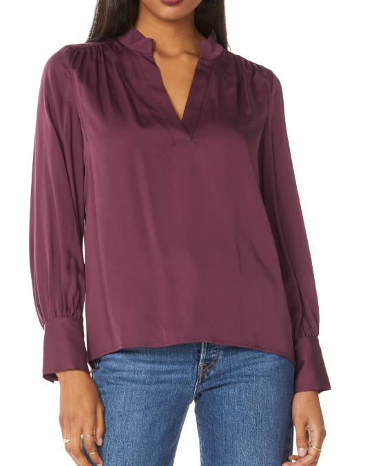 Bobi Split Neck Long Sleeve Top - Plum