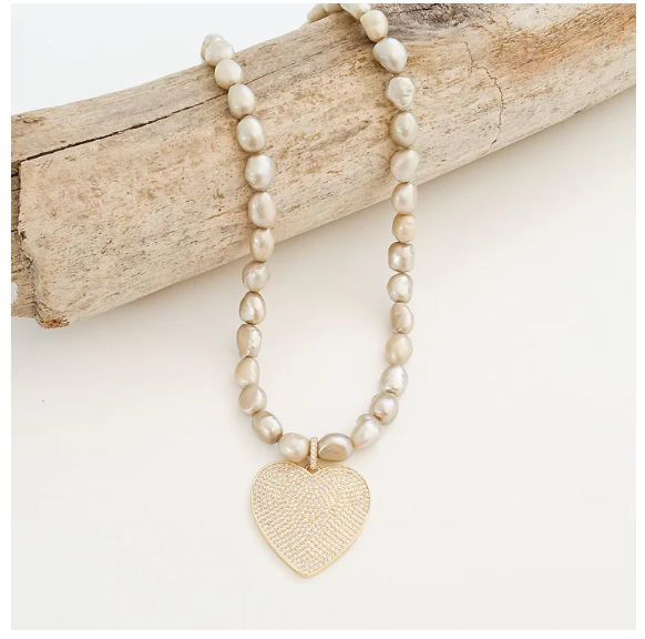 The Madison Luxe Freshwater Pearl Necklace w/ Pave Heart - Champagne