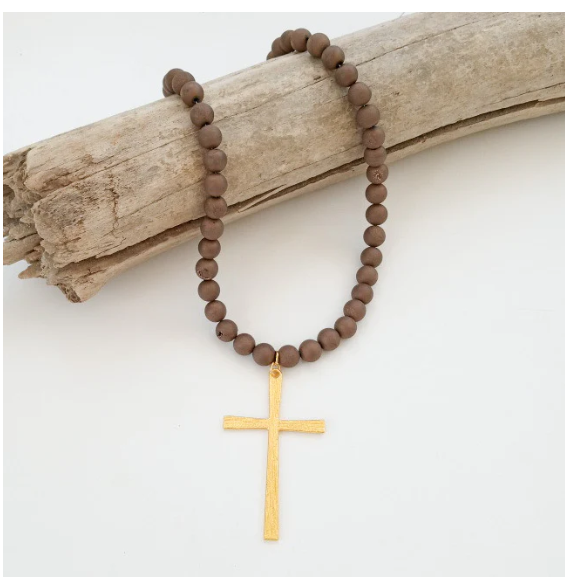 8mm Gemstone Necklace w/ Cross 18" - Chocolate Druzy