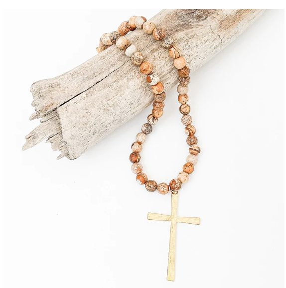 8mm Gemstone Necklace w/ Cross 18" - Sand