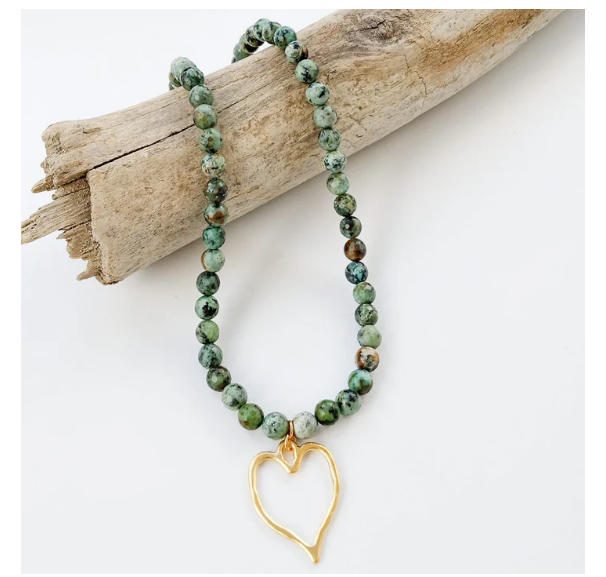 8mm Gemstone Necklace w/ Heart - African Turquoise