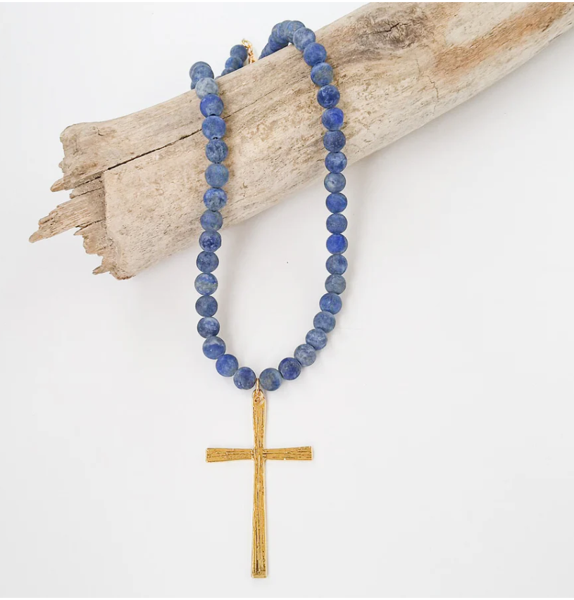 8mm Gemstone Necklace w/ Cross 18" - Blue