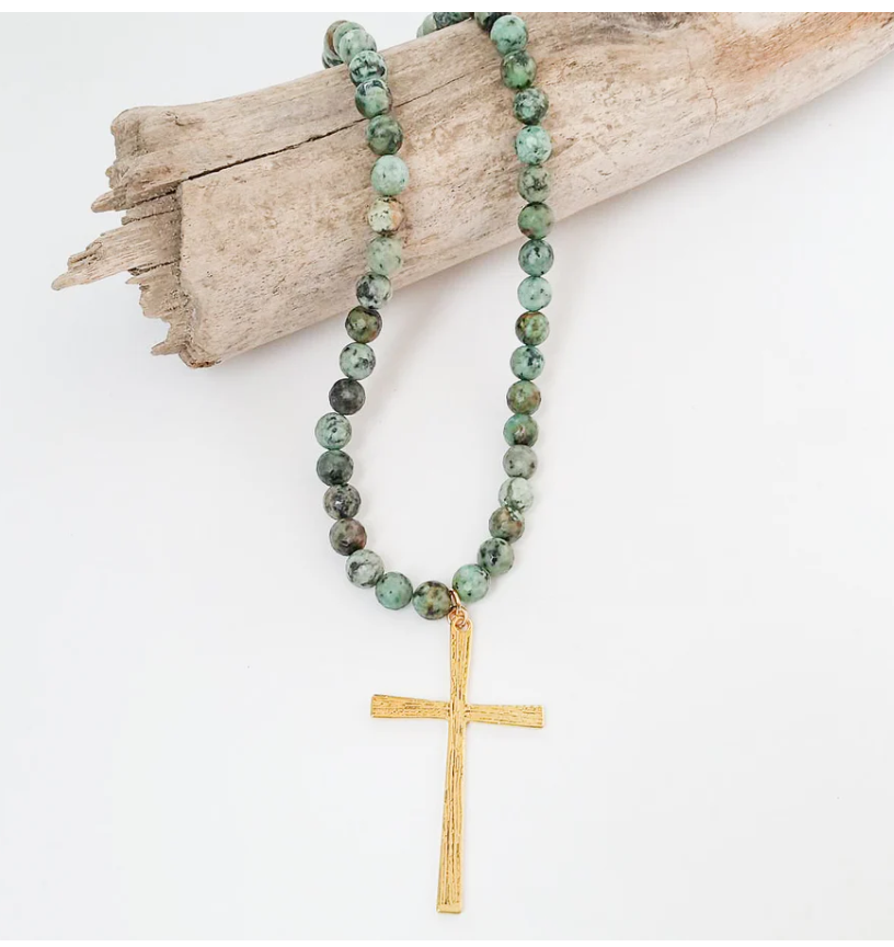 8mm Gemstone Necklace w/ Cross 18" - African Turquoise