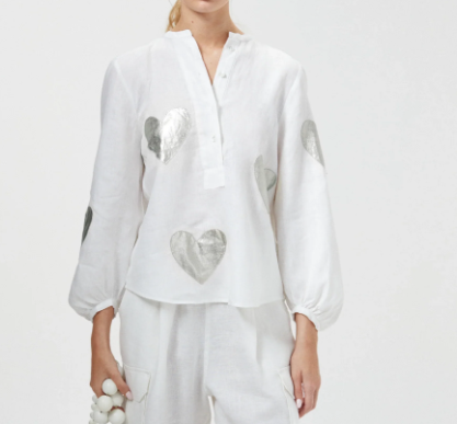 Lanhtropy Cupid Linen Shirt - Off-white with Silver Hearts