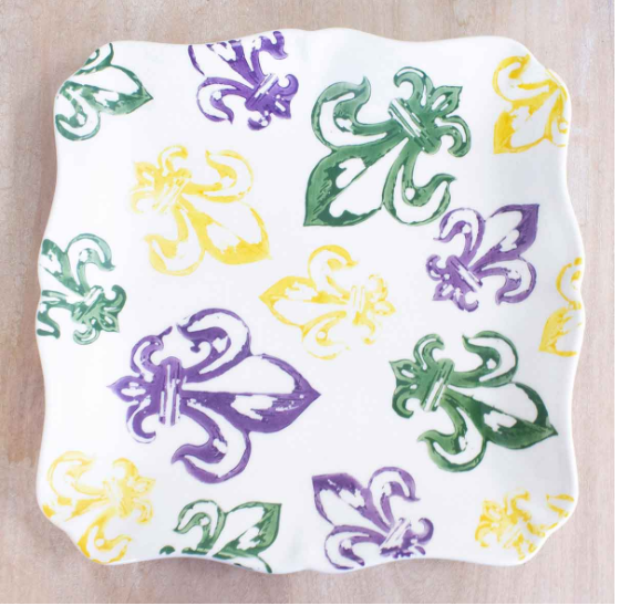 Watercolor Fleur de Lis Platter In Mardi Gras Colors - Gabrielle's Biloxi