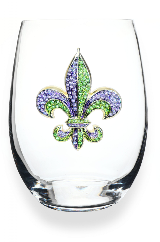 The Queens Jewels Purple and Green Fleur de Lis Stemless - Gabrielle's Biloxi